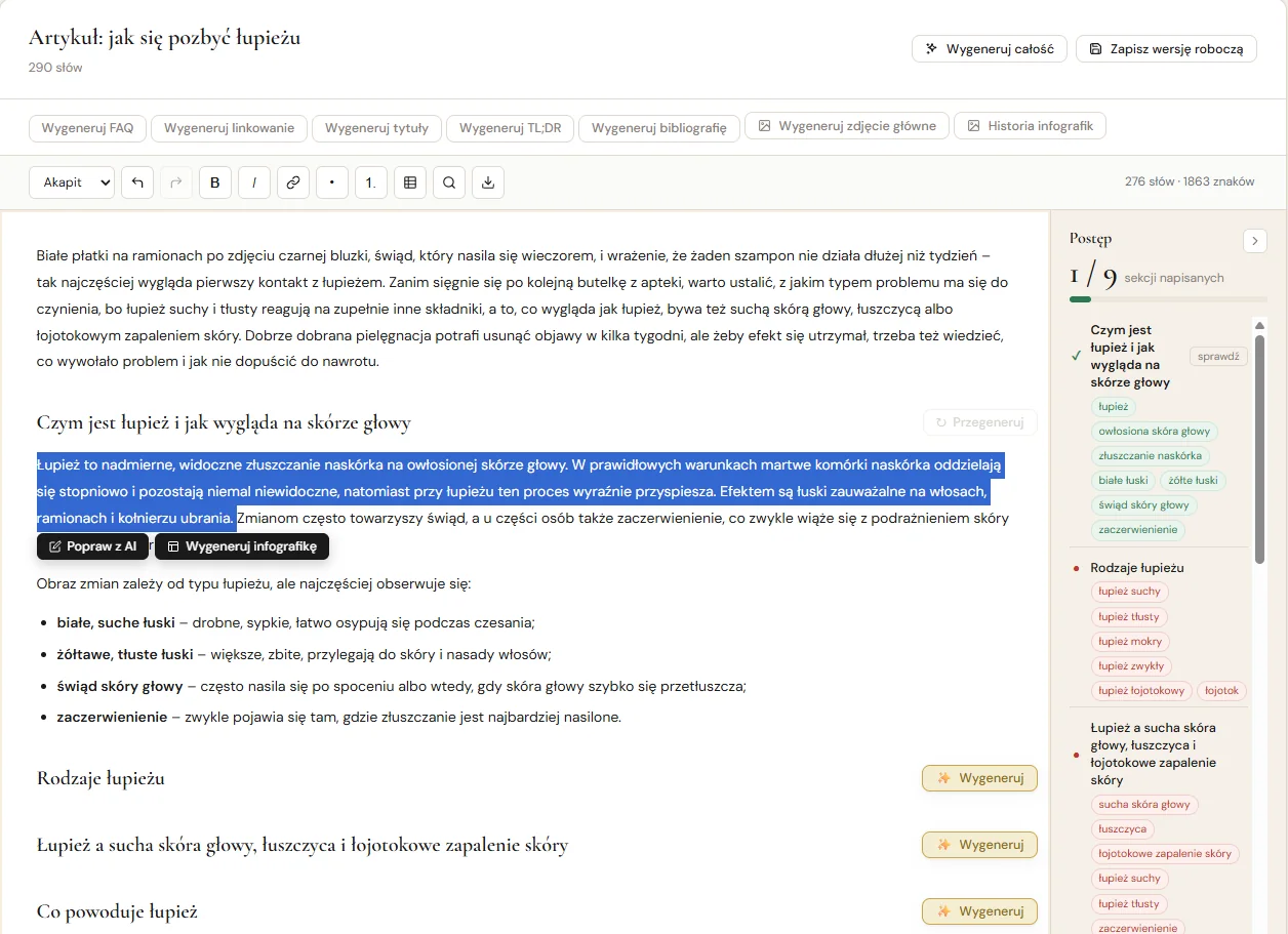 Edytor Kaligrafa: zaznaczony akapit z przyciskami Popraw z AI i Wygeneruj infografikę, obok lista encji do każdej sekcji
